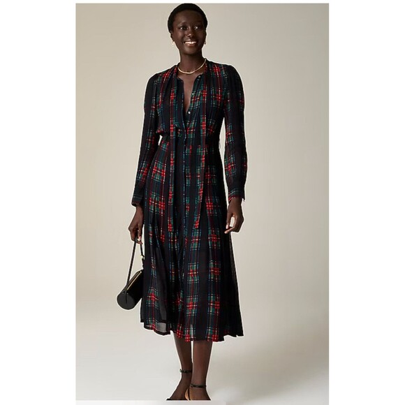 J.Crew Tie Neck Dress in Stewart Tartan Viscose Chiffon Red‎ Black Size XXS NWT - Picture 1 of 15